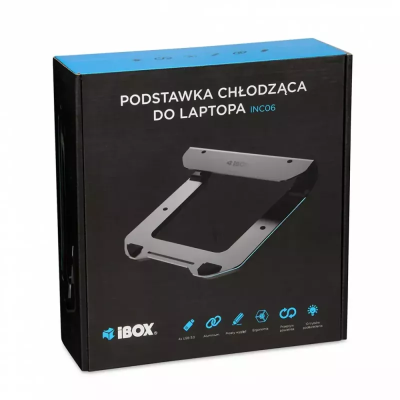 Datora dzesēšanas statīvs IBOX NC06 līdz 17,3 collām – alumīnijs, regulējams augstums, 4 USB porti, klusi ventilatori