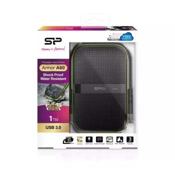Ārējais cietais disks Silicon Power Armor A60 1 TB 2.5 collu USB 3.2 Gen 1, triecienizturīgs, AES-256, melns