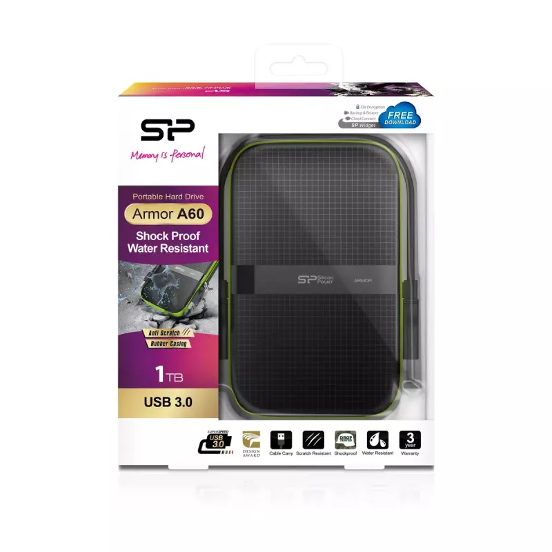 Ārējais cietais disks Silicon Power Armor A60 1 TB 2.5 collu USB 3.2 Gen 1, triecienizturīgs, AES-256, melns