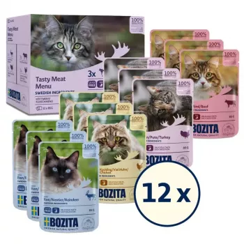 Slapjā barība kaķiem BOZITA 85 g sachets — Liellopa, vistas, brieža, tītara, bezgraudu, pieaugušiem kaķiem, 12×85g iepakojums