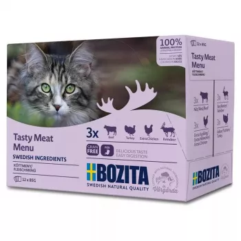 Slapjā barība kaķiem BOZITA 85 g sachets — Liellopa, vistas, brieža, tītara, bezgraudu, pieaugušiem kaķiem, 12×85g iepakojums