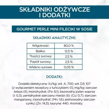 Slapjā kaķu barība Purina Nestlé GOURMET Perle Mini filetiņas mērcē, paciņas 60 x 85 g, pieaugušiem kaķiem, 80% mitrums