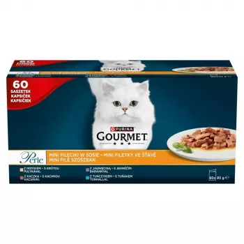 Slapjā kaķu barība Purina Nestlé GOURMET Perle Mini filetiņas mērcē, paciņas 60 x 85 g, pieaugušiem kaķiem, 80% mitrums