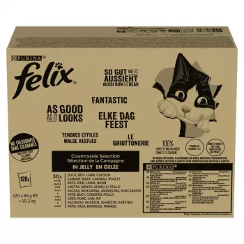 Slapjā kaķu barība Purina Nestlé PURINA Felix Countryside Selection multipaka 120×85 g maisiņi, pieaugušiem kaķiem, jauktas garšas, bezglutēna