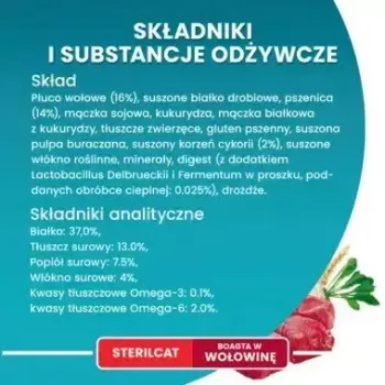 Sausā kaķu barība Purina Nestlé One Sterilcat Liellopu gaļa 9,75 kg — pieaugušiem sterilizētiem kaķiem, 37% olbaltumvielu