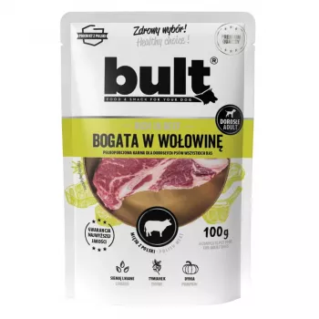 Slapjā suņu barība BULT Rich in beef 100 g — pilnvērtīga konservēta maltīte pieaugušiem suņiem