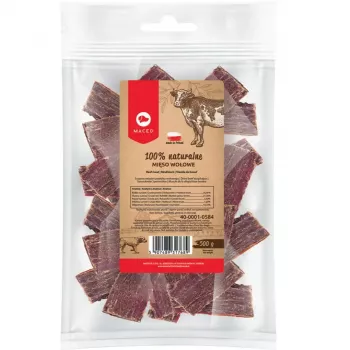 Slapjā suņu barība MACED Beef 100% Nature, 500 g — pieaugušiem suņiem, olbaltumvielas 56.9%, tauki 21.5%, mitrums 10.1%