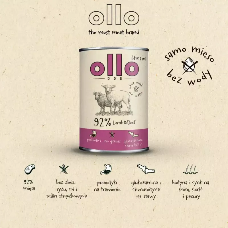 Slapjā suņu barība OLLO Umami Jērs un Liellops 850 g — pieaugušiem suņiem, bez graudiem, glutēna un sojas