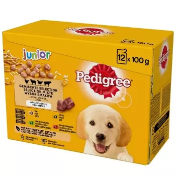 Slapjā suņu barība Pedigree Junior Selection Mix 12×100g — kucēnu mitrā barība 12 paciņās
