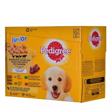 Slapjā suņu barība Pedigree Junior Selection Mix 12×100g — kucēnu mitrā barība 12 paciņās
