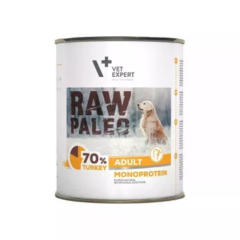 Slapjā suņu barība VETEXPERT RAW PALEO Adult Monoprotein Tītars 800 g skārdenē, bezgraudu, bezglutēna, pārtikas alerģijām