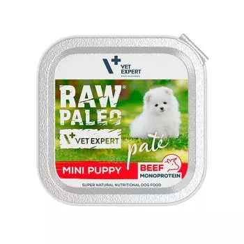Slapjā suņu barība VETEXPERT RAW PALEO Pate Mini Beef — viena proteīna liellopu gaļa 150 g kārba mazo šķirņu kucēniem