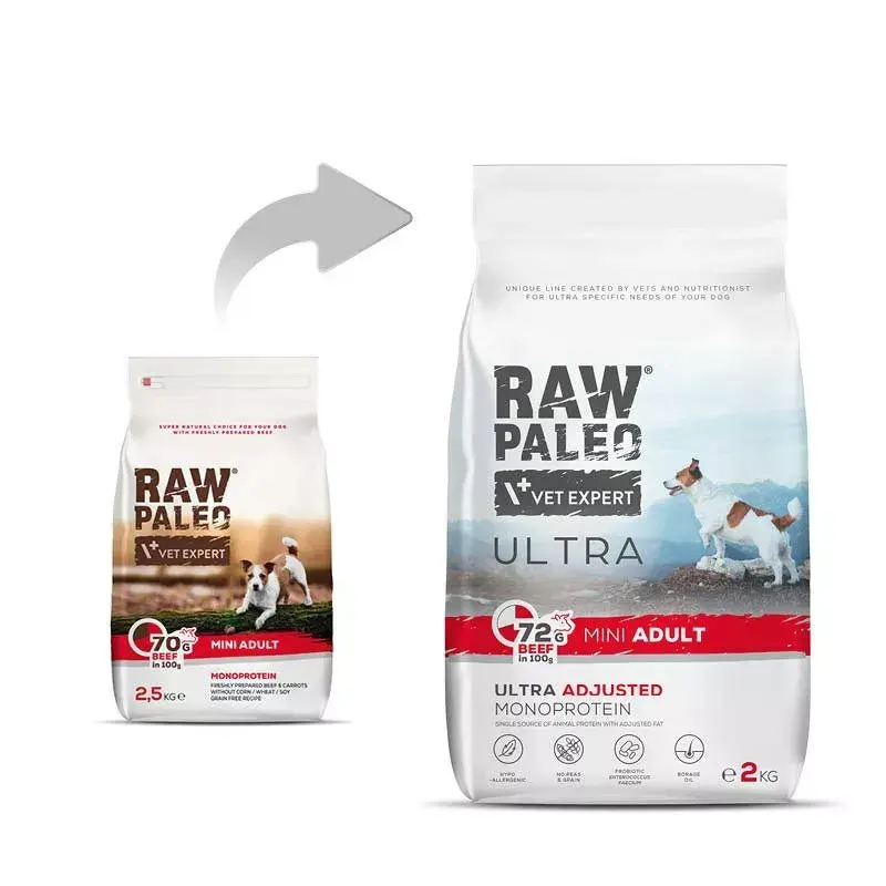 VETEXPERT RAW PALEO Ultra Mini Adult ar liellopa gaļu, sausā suņu barība, 2 kg