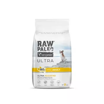 Sausā suņu barība VETEXPERT RAW PALEO Ultra Mini Adult Turkey 2 kg — pilnvērtīga graudiņu barība mazo šķirņu pieaugušiem suņiem, tītars, proteīns 24,5%, tauki 14%