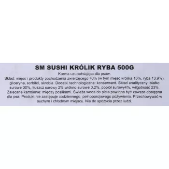 Mīkstie suņu gardumi MACED Sushi ar trusi un zivīm 500 g — funkcionāli treniņu našķi, proteīns 30%, tauki 2%, mitrums 23%