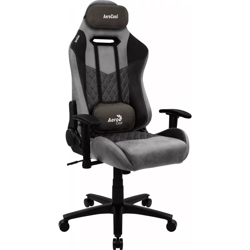 Spēļu krēsls AEROCOOL DUKE AeroSuede Melns Pelēks — 2D roku balsti, tauriņa mehānisms, max lietotājs 150 kg