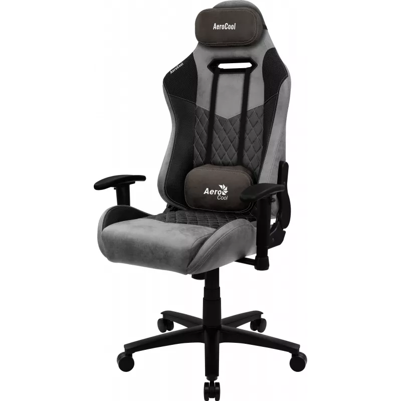 Spēļu krēsls AEROCOOL DUKE AeroSuede Melns Pelēks — 2D roku balsti, tauriņa mehānisms, max lietotājs 150 kg
