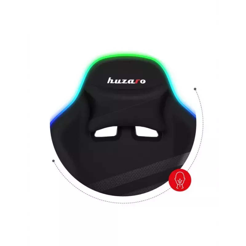 Spēļu krēsls Huzaro FORCE 4.4 RGB Melns — auduma polsterēts kausveida sēdeklis, max 130 kg, regulējama atzveltne, augstums 115–125 cm, RGB apgaismojums