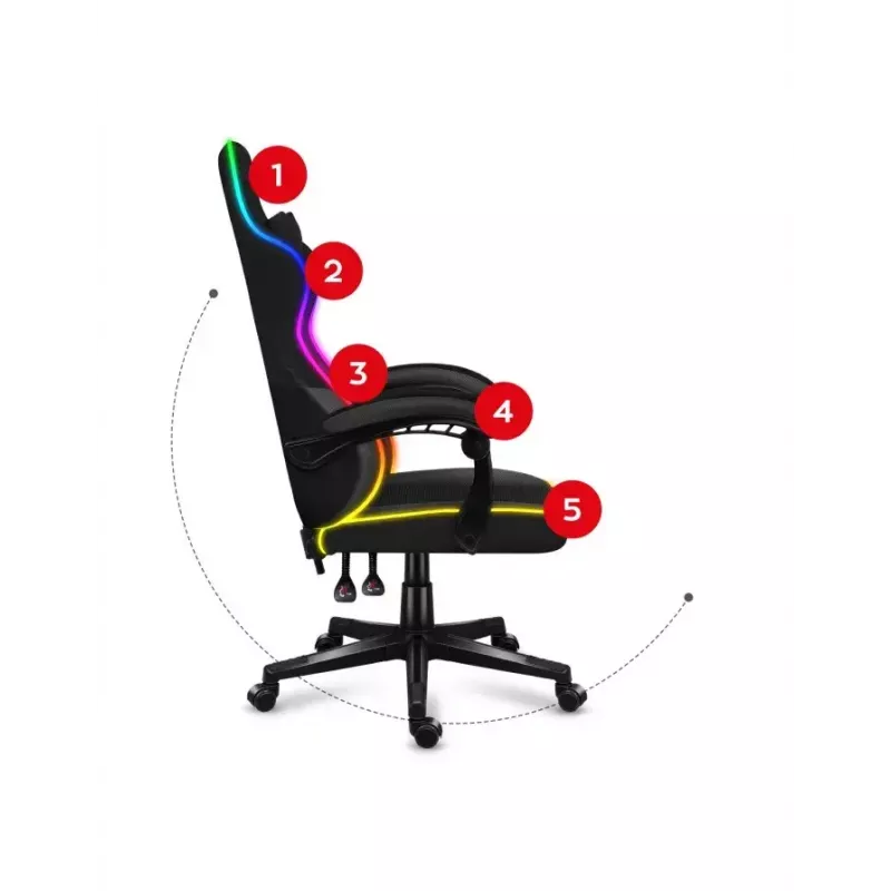 Spēļu krēsls Huzaro FORCE 4.4 RGB Melns — auduma polsterēts kausveida sēdeklis, max 130 kg, regulējama atzveltne, augstums 115–125 cm, RGB apgaismojums