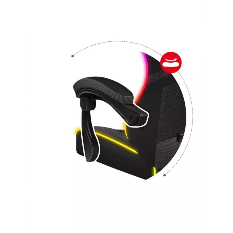 Spēļu krēsls Huzaro FORCE 4.4 RGB Melns — auduma polsterēts kausveida sēdeklis, max 130 kg, regulējama atzveltne, augstums 115–125 cm, RGB apgaismojums