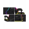 Spēļu krēsls Huzaro FORCE 4.4 RGB Melns — auduma polsterēts kausveida sēdeklis, max 130 kg, regulējama atzveltne, augstums 115–125 cm, RGB apgaismojums