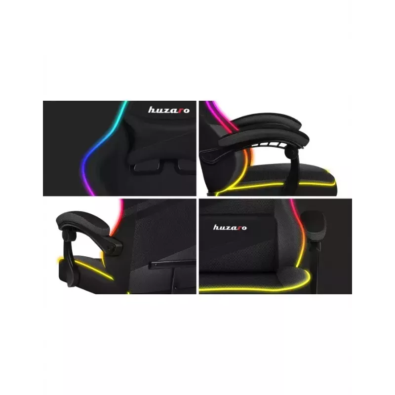 Spēļu krēsls Huzaro FORCE 4.4 RGB Melns — auduma polsterēts kausveida sēdeklis, max 130 kg, regulējama atzveltne, augstums 115–125 cm, RGB apgaismojums