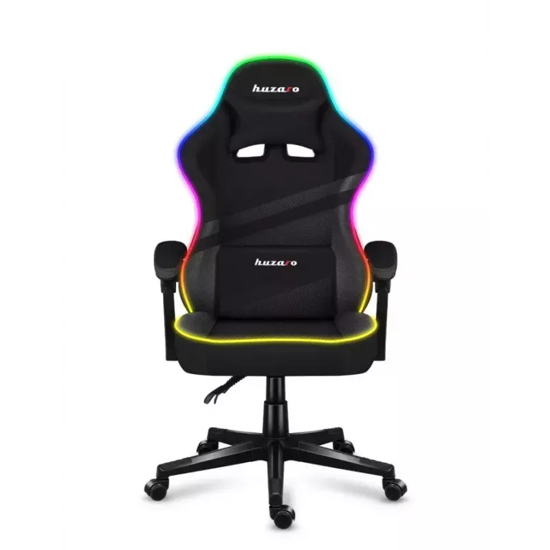 Spēļu krēsls Huzaro FORCE 4.4 RGB Melns — auduma polsterēts kausveida sēdeklis, max 130 kg, regulējama atzveltne, augstums 115–125 cm, RGB apgaismojums