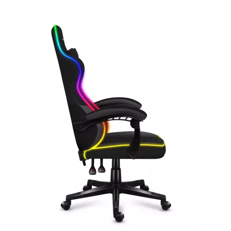 Spēļu krēsls Huzaro FORCE 4.4 RGB Melns — auduma polsterēts kausveida sēdeklis, max 130 kg, regulējama atzveltne, augstums 115–125 cm, RGB apgaismojums