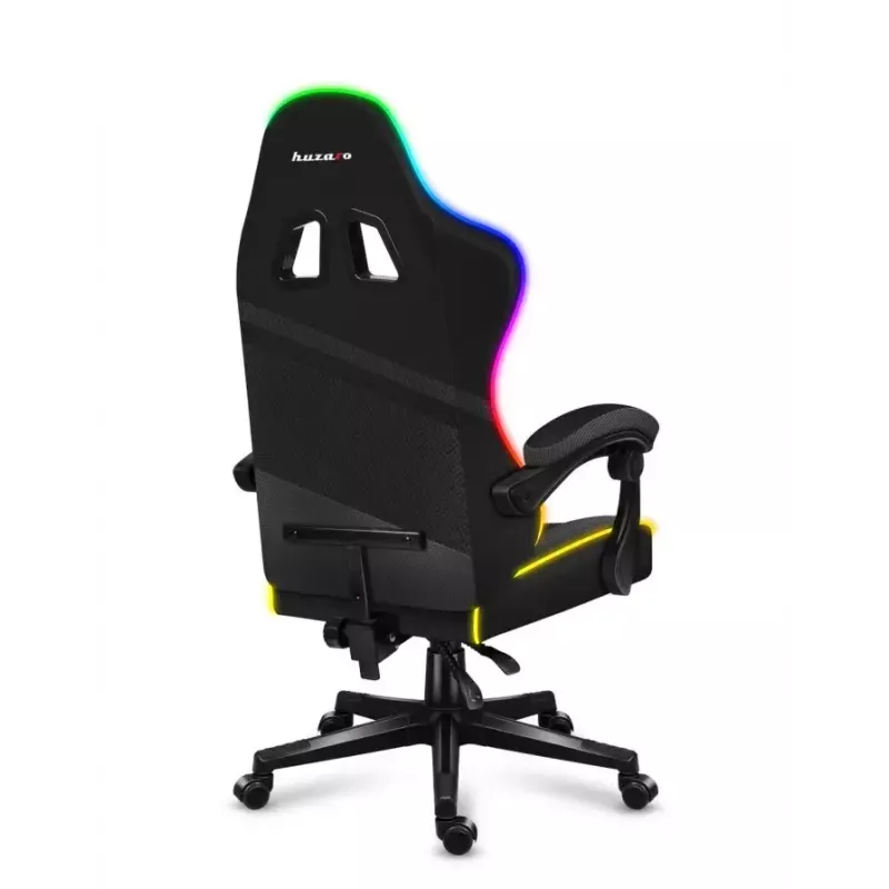 Spēļu krēsls Huzaro FORCE 4.4 RGB Melns — auduma polsterēts kausveida sēdeklis, max 130 kg, regulējama atzveltne, augstums 115–125 cm, RGB apgaismojums