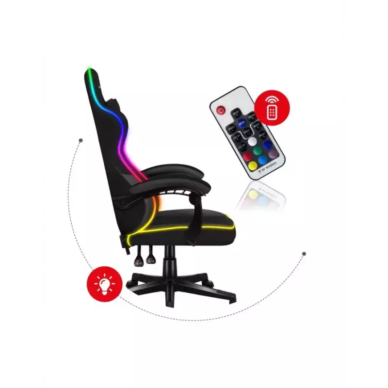 Spēļu krēsls Huzaro FORCE 4.4 RGB Melns — auduma polsterēts kausveida sēdeklis, max 130 kg, regulējama atzveltne, augstums 115–125 cm, RGB apgaismojums