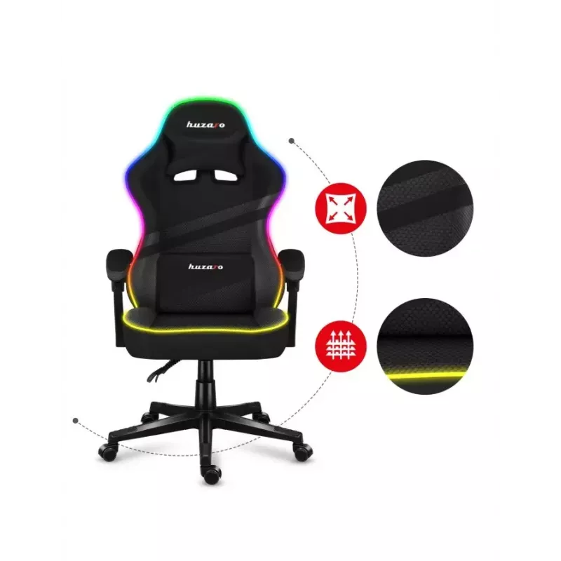 Spēļu krēsls Huzaro FORCE 4.4 RGB Melns — auduma polsterēts kausveida sēdeklis, max 130 kg, regulējama atzveltne, augstums 115–125 cm, RGB apgaismojums