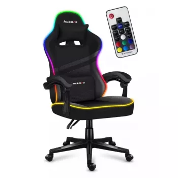 Spēļu krēsls Huzaro FORCE 4.4 RGB Melns — auduma polsterēts kausveida sēdeklis, max 130 kg, regulējama atzveltne, augstums 115–125 cm, RGB apgaismojums