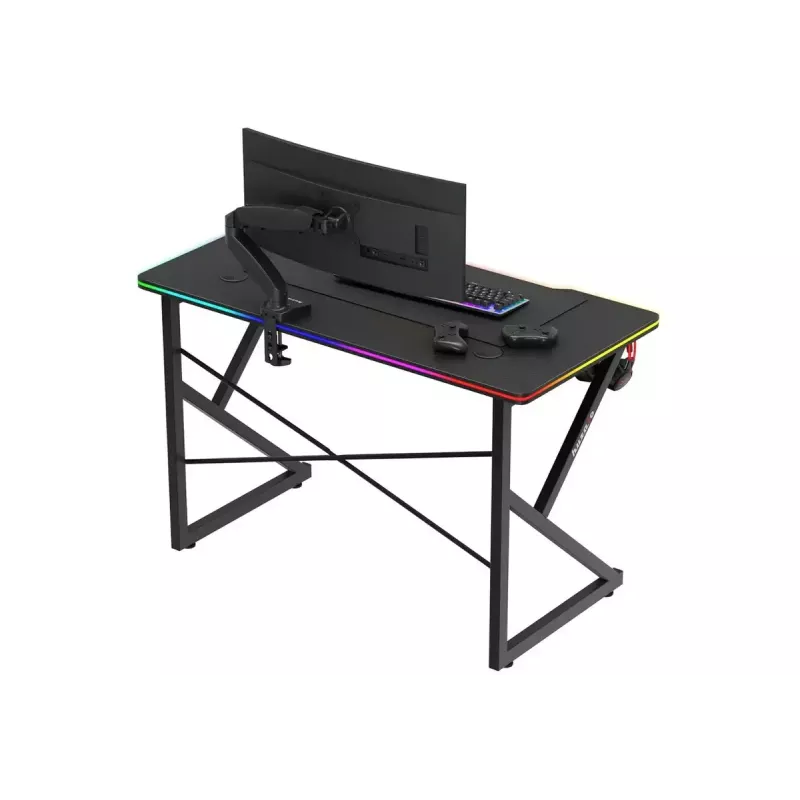 Gaminga galds Huzaro Hero 1.7 RGB Black – taisns ergonomisks galds 1200x600 mm, 750 mm augstums, LED, krūzes turētājs, austiņu āķis