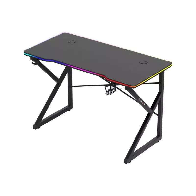 Gaminga galds Huzaro Hero 1.7 RGB Black – taisns ergonomisks galds 1200x600 mm, 750 mm augstums, LED, krūzes turētājs, austiņu āķis