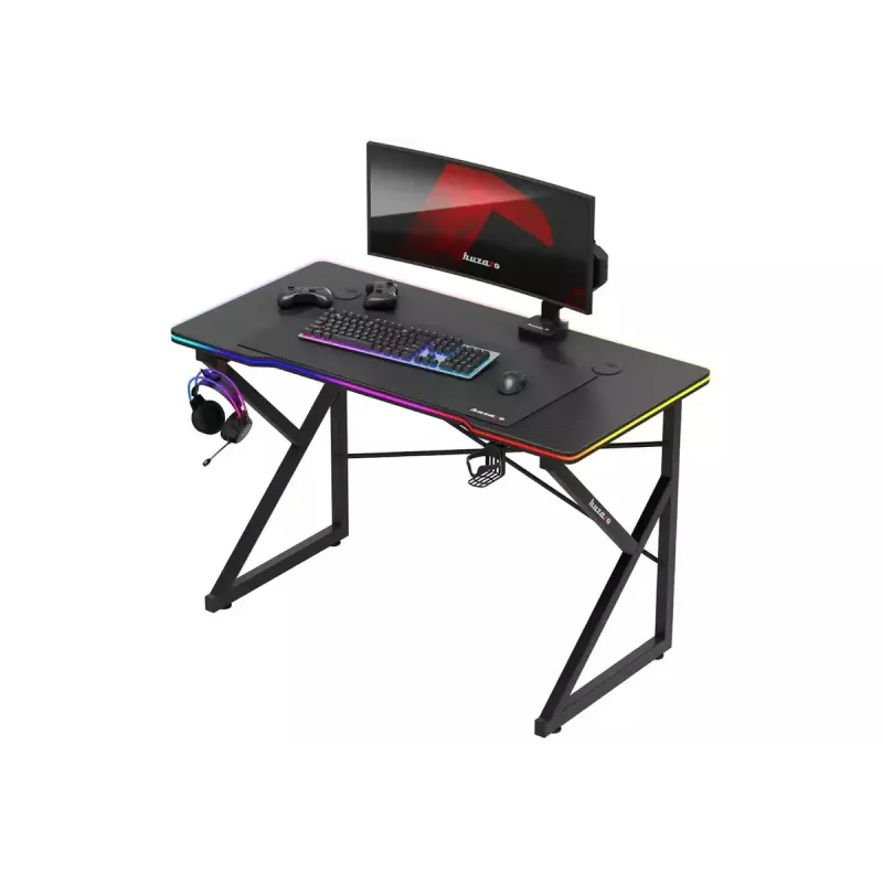 Gaminga galds Huzaro Hero 1.7 RGB Black – taisns ergonomisks galds 1200x600 mm, 750 mm augstums, LED, krūzes turētājs, austiņu āķis