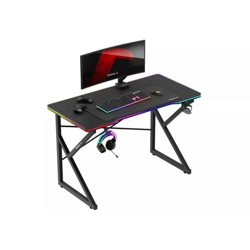 Gaminga galds Huzaro Hero 1.7 RGB Black – taisns ergonomisks galds 1200x600 mm, 750 mm augstums, LED, krūzes turētājs, austiņu āķis