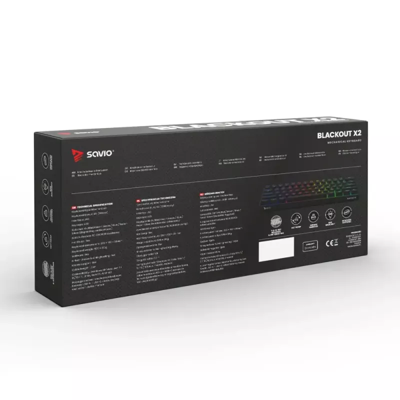 Mehāniskā spēļu tastatūra SAVIO BLACKOUT X2 BLUE, 61 taustiņš 60% USB Type-C atvienojams kabelis, RGB LED, Outemu Blue slēdži, N-key rollover