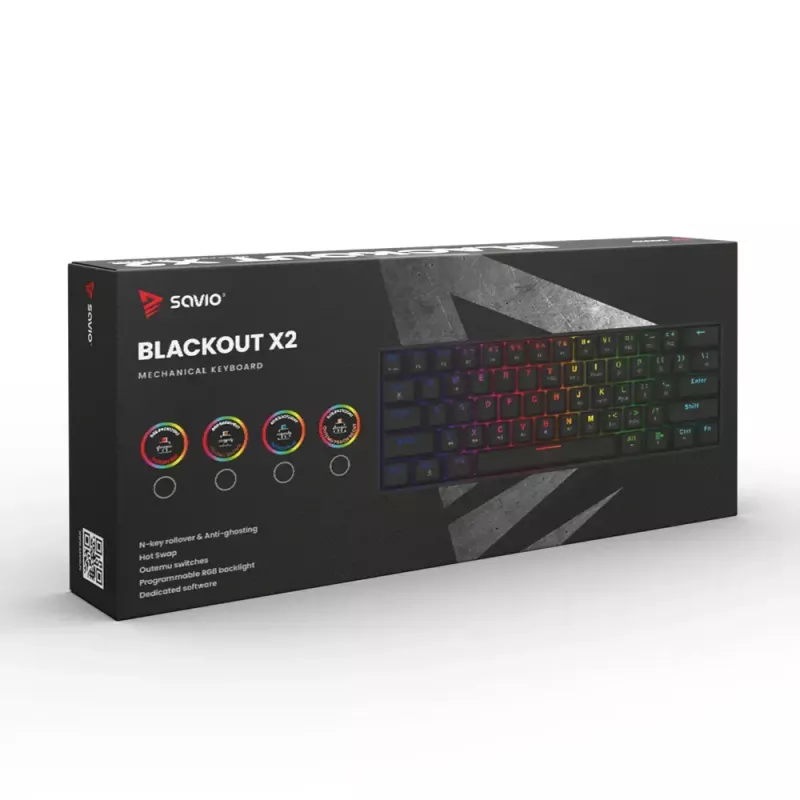 Mehāniskā spēļu tastatūra SAVIO BLACKOUT X2 BLUE, 61 taustiņš 60% USB Type-C atvienojams kabelis, RGB LED, Outemu Blue slēdži, N-key rollover
