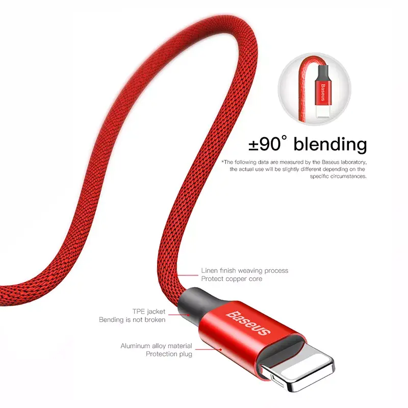 USB-A uz Lightning kabelis Baseus Yiven 1,8 m, 2 A, sarkans, termoplastiskais elastomēra apvalks