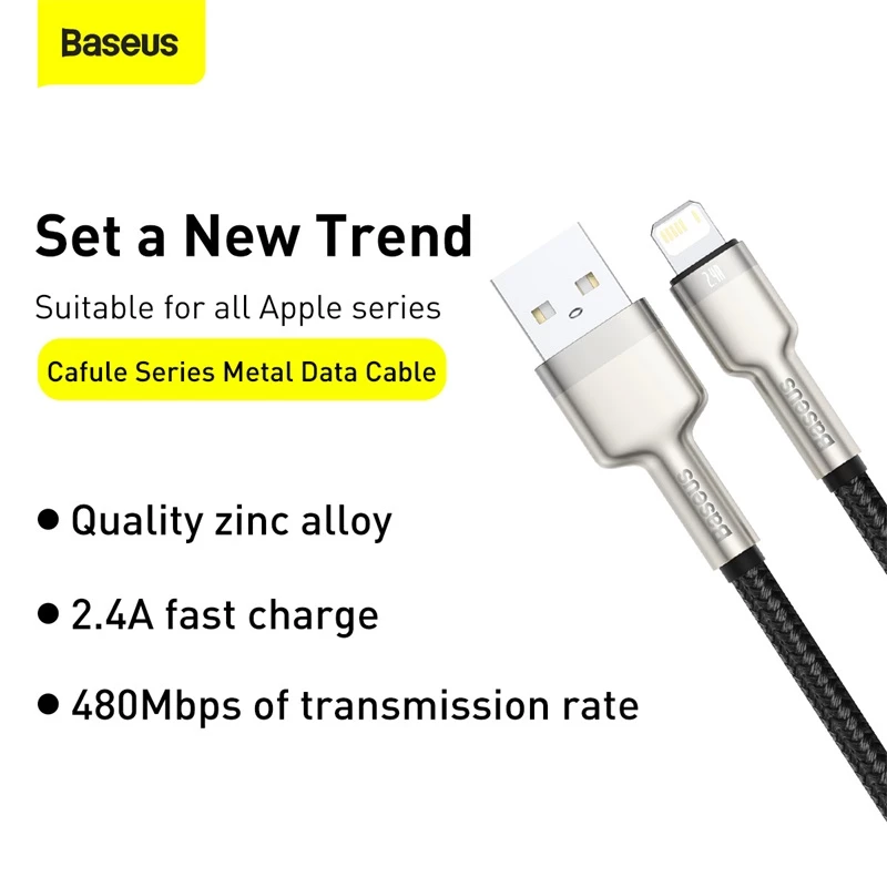 BASEUS Fast Charge Cafule Datu pārraides kabelis - USB Type-A uz Lightning - 480Mbps (2.4A PD) - 1m - Melns