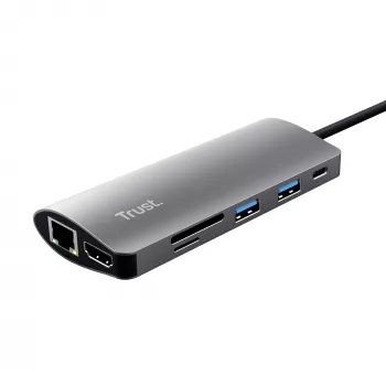 Trust Dalyx 7-in-1 USB-C adapteris — HDMI, RJ-45, USB 3.2, karšu lasītājs
