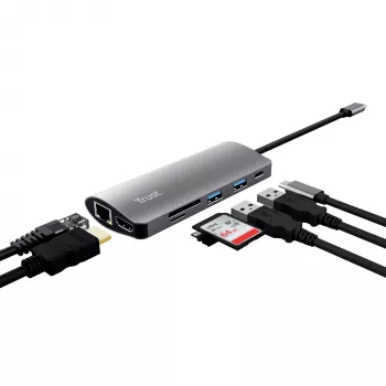 Trust Dalyx 7-in-1 USB-C adapteris — HDMI, RJ-45, USB 3.2, karšu lasītājs
