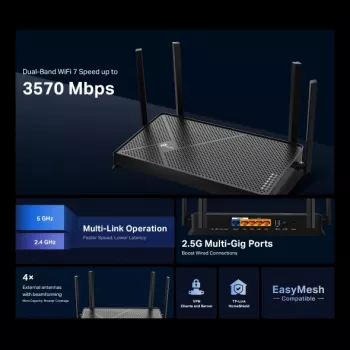 TP-Link Archer BE3600 bezvadu maršrutētājs 2.5 Gigabit Ethernet divu joslu (2.4 GHz / 5 GHz) Melns