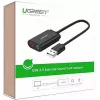 Ārējais USB 2.0 audio adapteris UGREEN 30724 — stereo, austiņu izeja, mikrofona ieeja, 0,15 m kabelis, melns