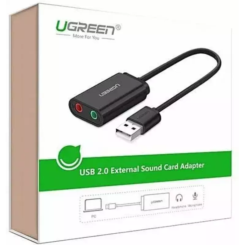 Ārējais USB 2.0 audio adapteris UGREEN 30724 — stereo, austiņu izeja, mikrofona ieeja, 0,15 m kabelis, melns