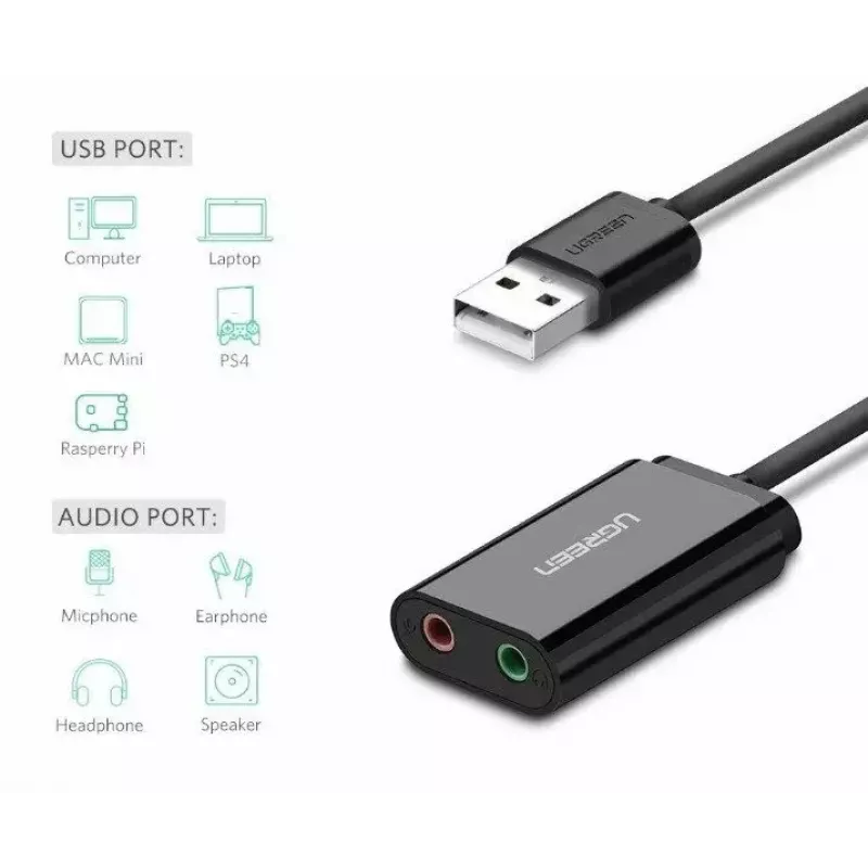 Ārējais USB 2.0 audio adapteris UGREEN 30724 — stereo, austiņu izeja, mikrofona ieeja, 0,15 m kabelis, melns