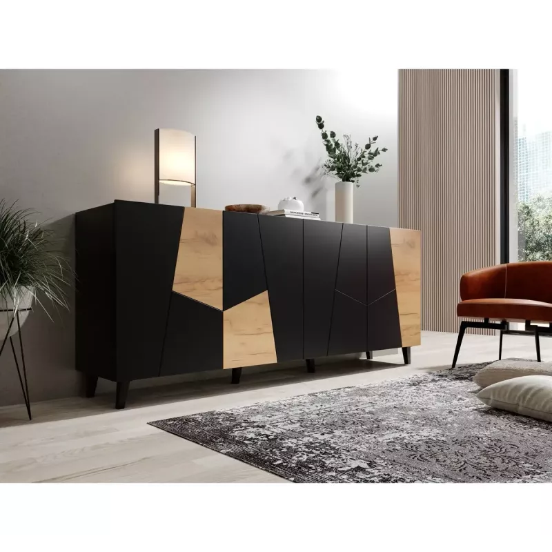 Kumode ETNA 200x42x82 cm, matēti melna ar ozolkoka akcentiem, skaidu plātne