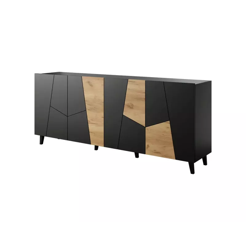 Kumode ETNA 200x42x82 cm, matēti melna ar ozolkoka akcentiem, skaidu plātne