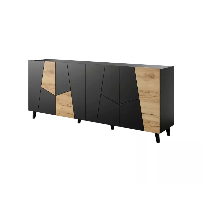 Kumode ETNA 200x42x82 cm, matēti melna ar ozolkoka akcentiem, skaidu plātne