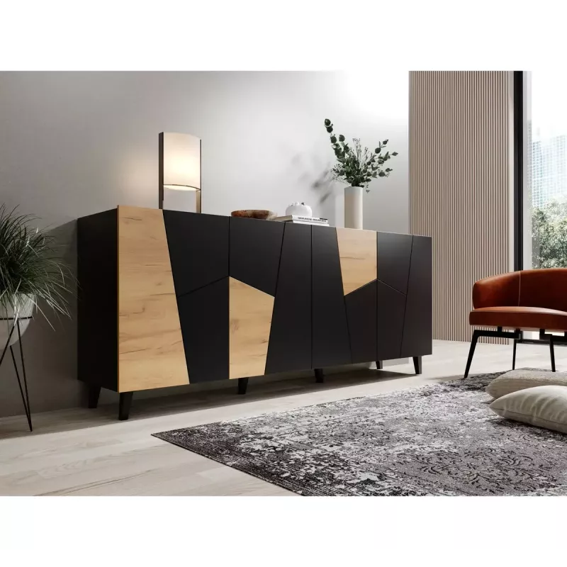 Kumode ETNA 200x42x82 cm, matēti melna ar ozolkoka akcentiem, skaidu plātne